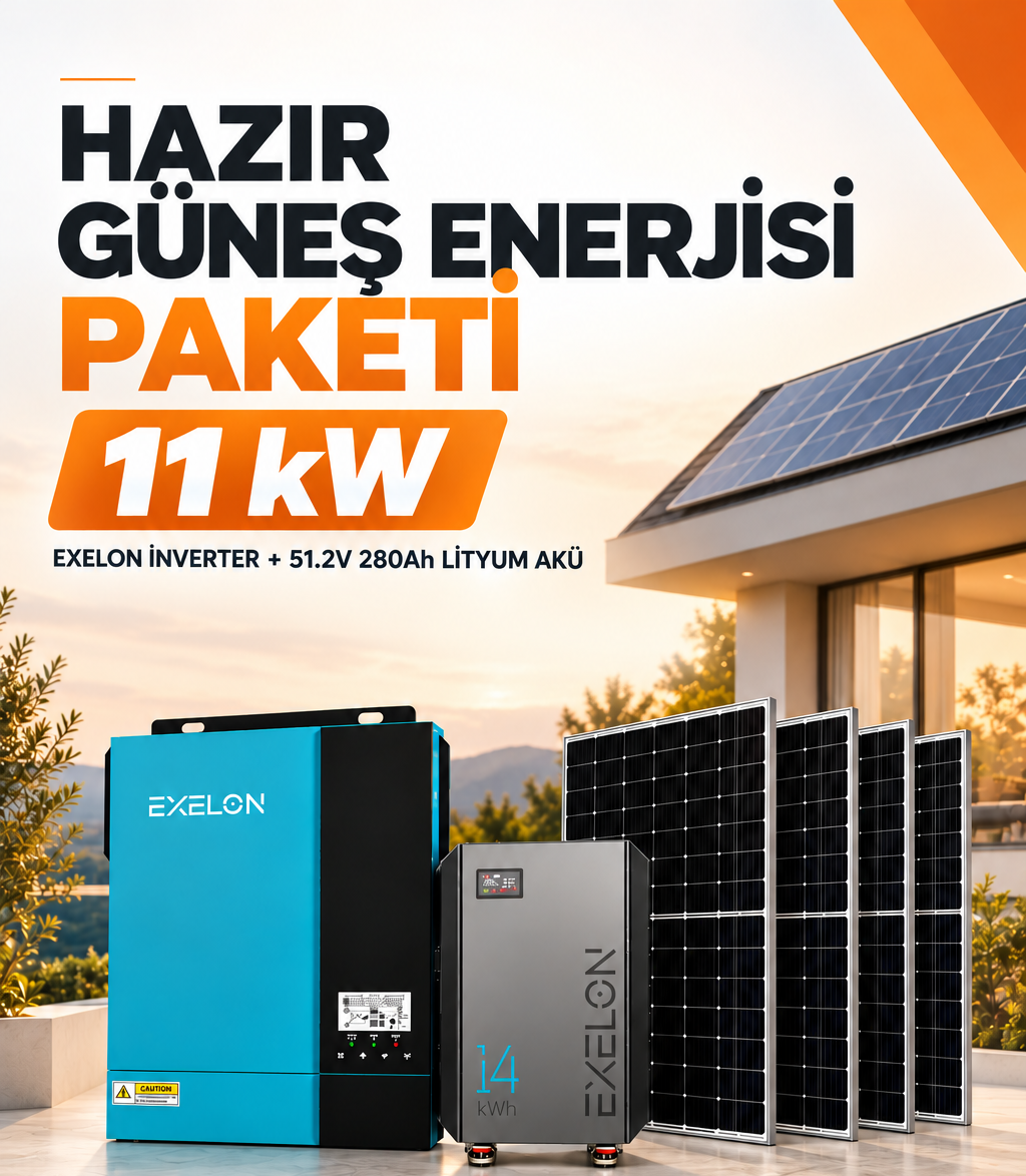 11 kW Exelon İnverter + 14 kWh Lityum Akü +  Smart 545 W A Kalite Half Cut Güneş Paneli Hazır Enerji Paketi